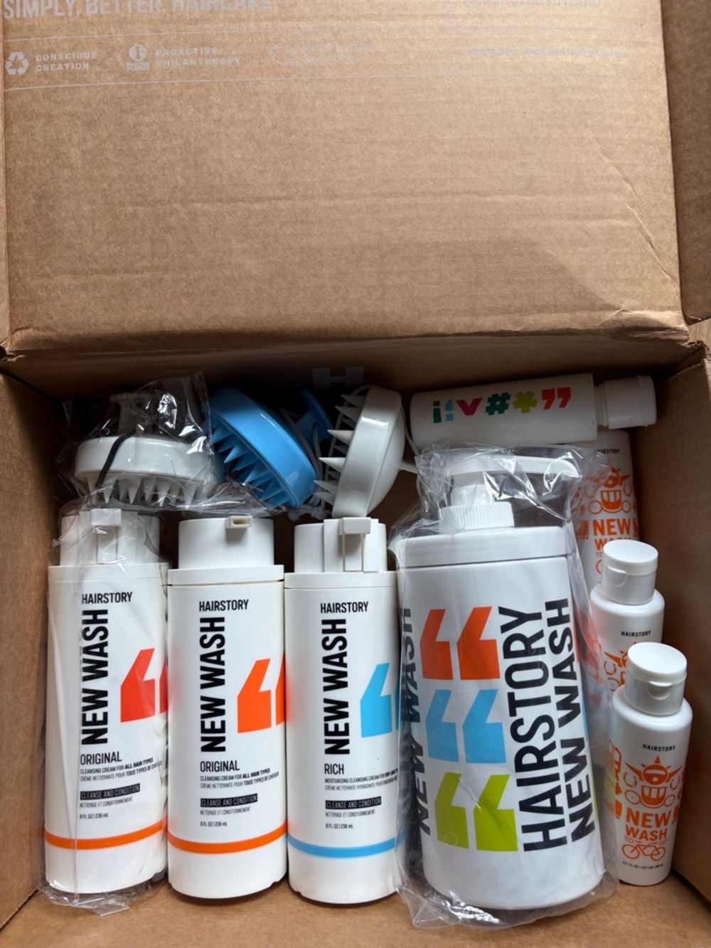 Lot of HAIRSTORY empty New Wash containers and scalp brushes. 11 pieces in all!